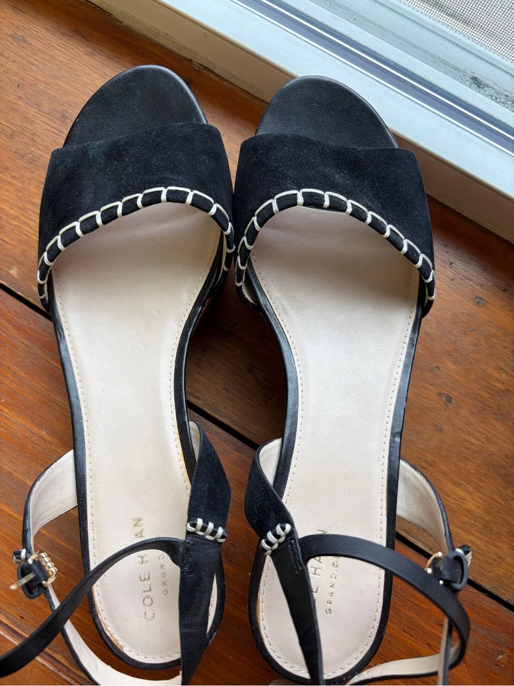 Cole Haan Black Suede Platform Sandals with Cream Stitch Trim